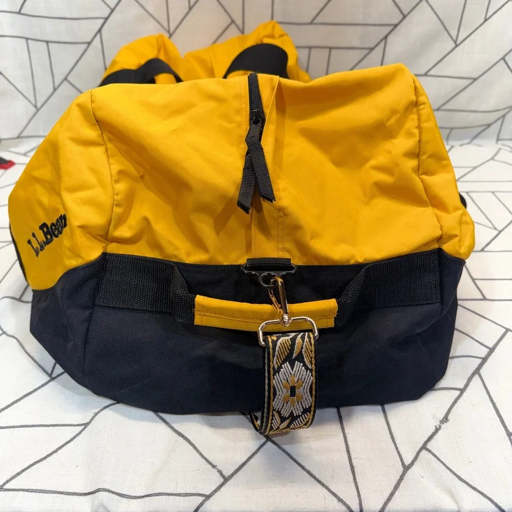 L.L. Bean Duffle Bag Large Yellow Black Floral Strap Travel Luggage Carry On